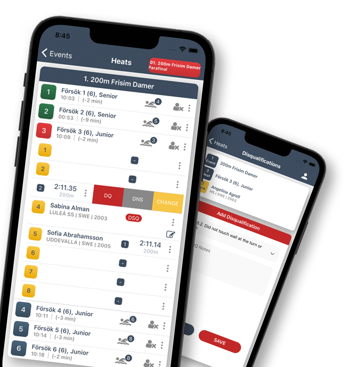 Image showcasing some features from the swimify referee app. How to do a disqualification is shown.