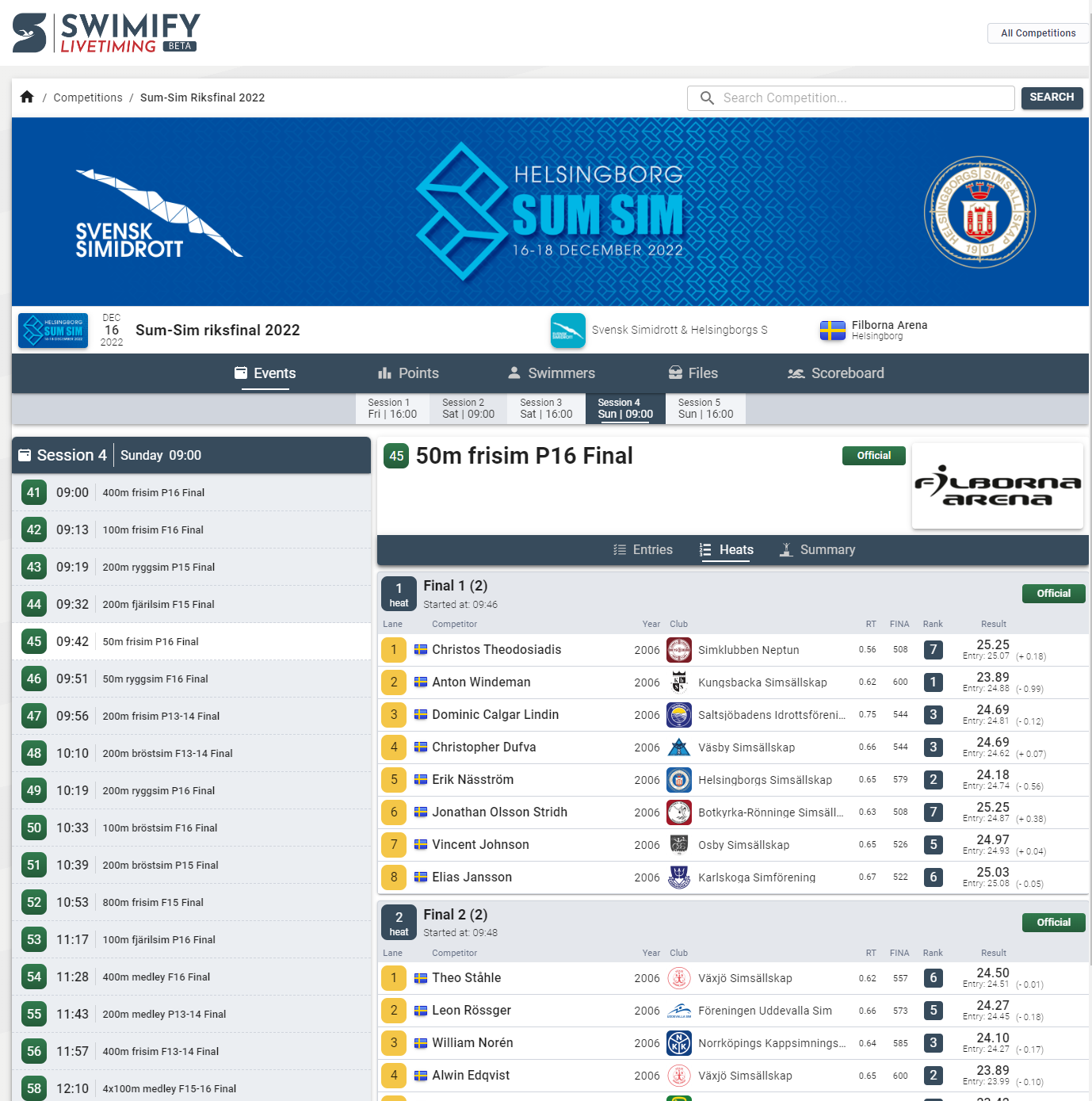 Screenshot of Swimify Live Timing Web showing view of heats and events